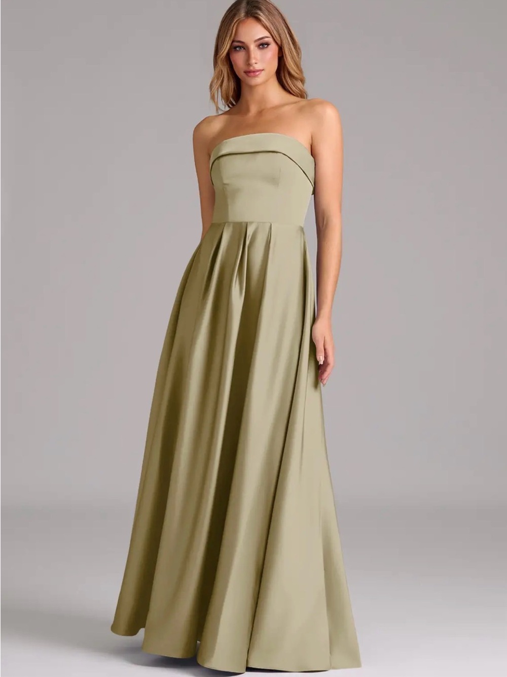 Azazie Strapless Satin Evening Gown in Moss